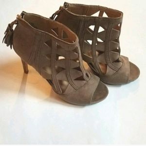 XOXO suede tassel cutout cage sandal bootie heels